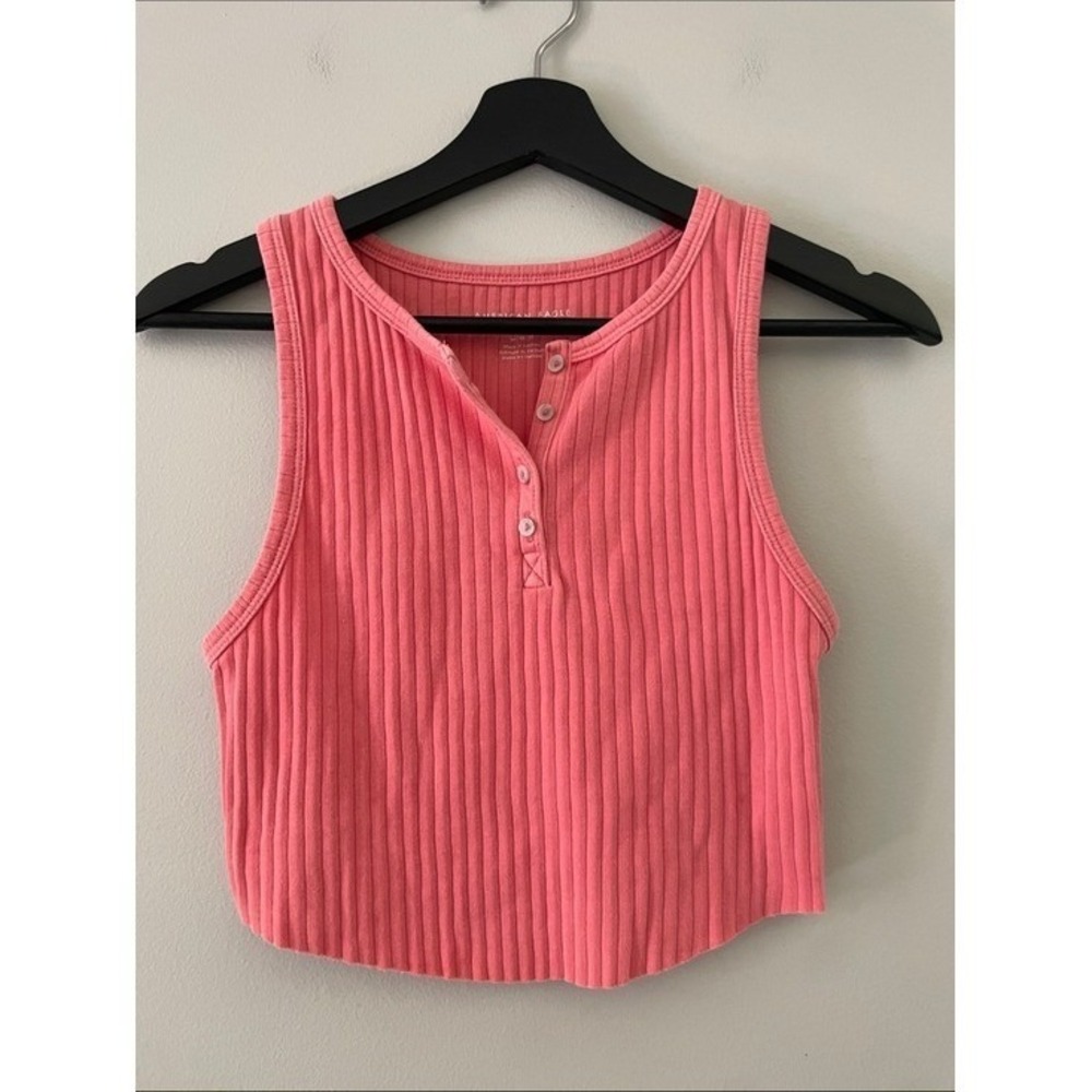 American Eagle Coral Pink Ribbed Henley Crop Tank Top Medium